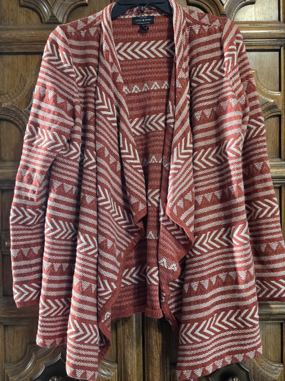 Lucky Brand Rust and Cream Geometric Open-Front Cardigan